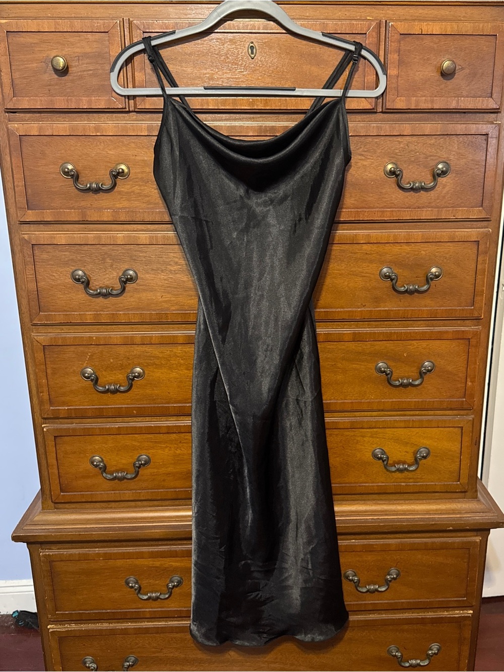 Bebe Black Satin Cowl Neck Midi Slip Dress XS Y2K 90s Minimalist Party